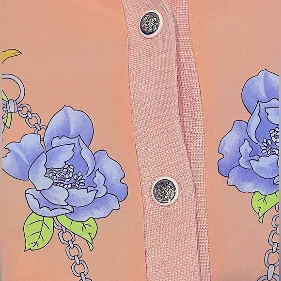 Vintage 70’s 80’s Pink Long Sleeve Button Down Knit Collared Floral Asian Shirt - Picture 6 of 11